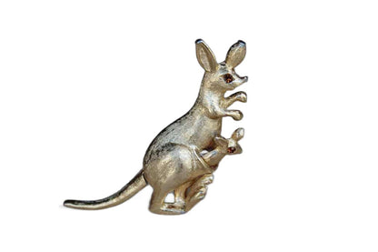 Avon Gold Tone Kangaroo Brooch with Rhinestone Eyes and Moving Tail and Baby Joey