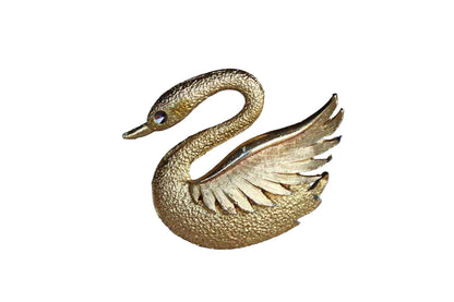 Gold Tone Swan Brooch with Rhinestone Eye and Shaped Wing