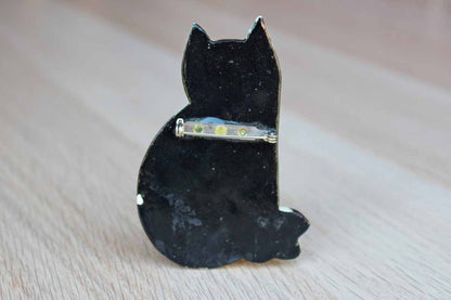 Black and White Painted Wood Cat Brooch