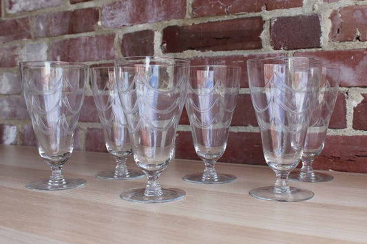 Clear Footed Glasses Decorated with Etched Swag Detailing, Set of 6