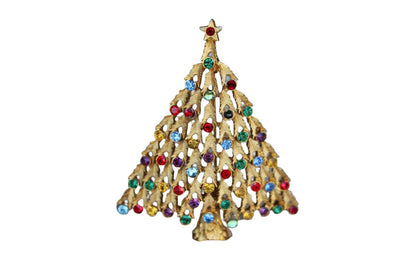 Jonette Jewelry (Rhode Island, USA) Gold Tone and Multi-Color Rhinestone Christmas Tree Brooch