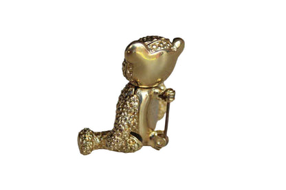 Gold Tone Teddy Bear Brooch with Articulating Arms and Legs and Green Rhinestone Eyes