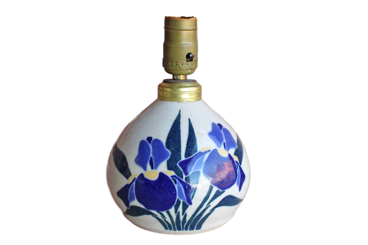 Small Squat Stoneware Table Lamp Decorated with Blue and Yellow Flowers