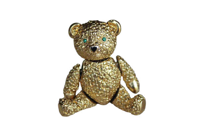 Gold Tone Teddy Bear Brooch with Articulating Arms and Legs and Green Rhinestone Eyes