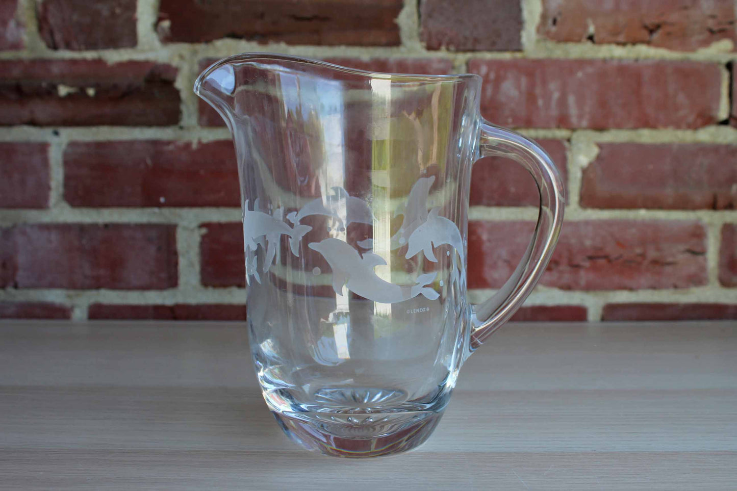 Lenox (USA) Heavy Clear Glass Handled Pitcher with Etched Dolphins