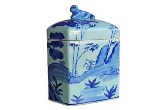Ceramic Lidded Container with Landscape Scene and Animal Finial