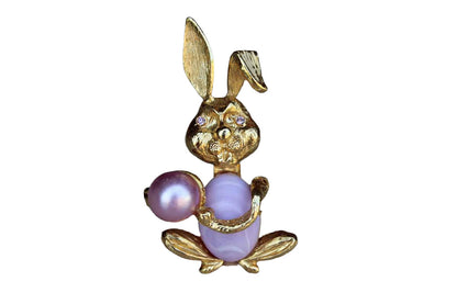 Gold Tone Bunny Brooch with Purple Stone Body and Purple Rhinestone Eyes