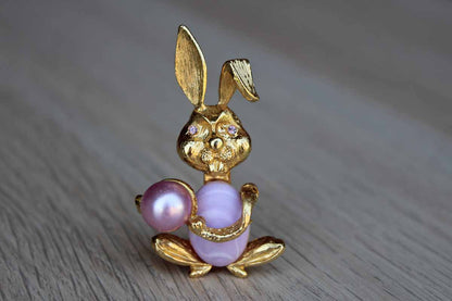 Gold Tone Bunny Brooch with Purple Stone Body and Purple Rhinestone Eyes