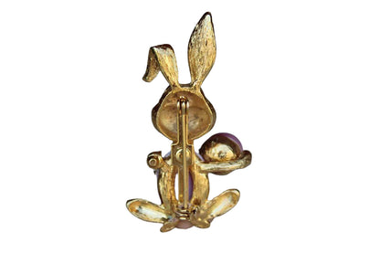 Gold Tone Bunny Brooch with Purple Stone Body and Purple Rhinestone Eyes