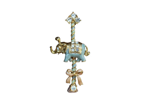 Baby Blue and Pink Enameled Elephant on a Merry-Go-Round Brooch with Silver Rhinestones