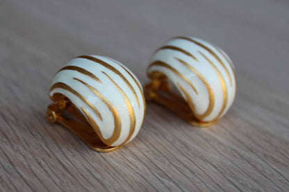 White Enameled Non-Pierced Earrings with Gold Painted Stripe Detailing