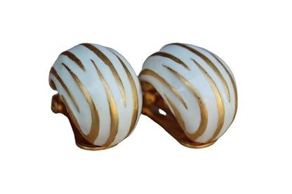 White Enameled Non-Pierced Earrings with Gold Painted Stripe Detailing