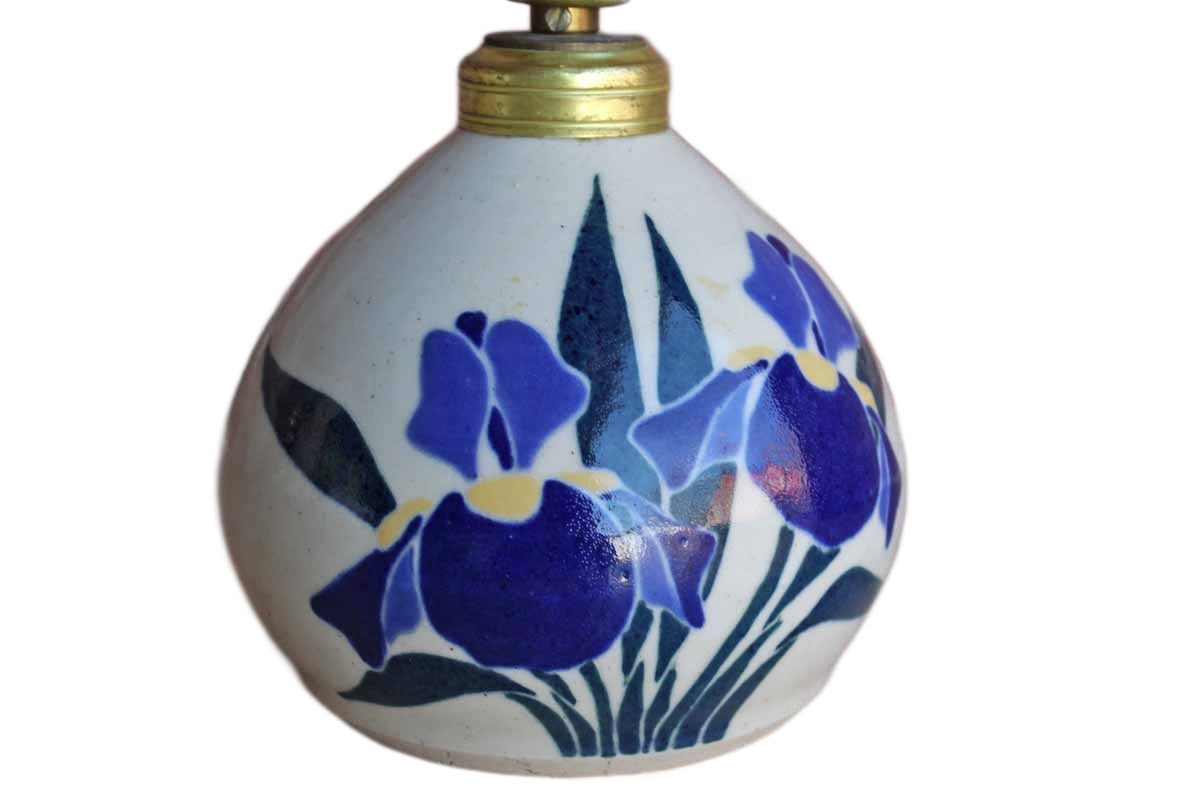 Small Squat Stoneware Table Lamp Decorated with Blue and Yellow Flowers