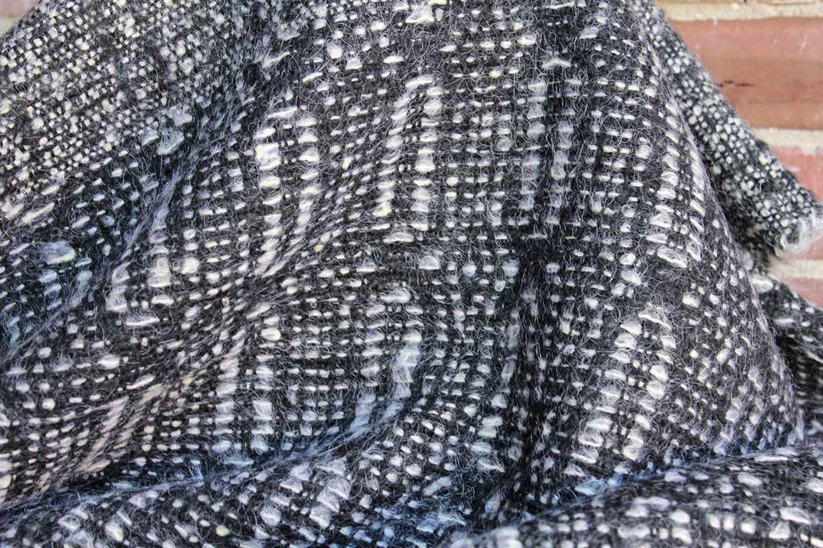 Long and Wide Black and White Wool Shawl with Narrow Oval Designs