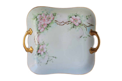 DM Bavaria Porcelain Handled Dish with Hand-Painted Pink Flowers and Gilded Rim