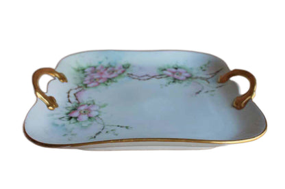 DM Bavaria Porcelain Handled Dish with Hand-Painted Pink Flowers and Gilded Rim