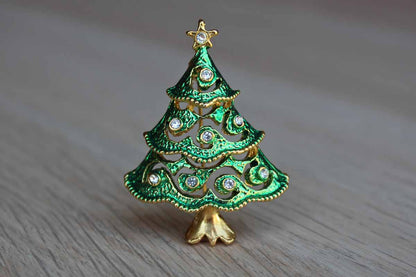 Green and Gold Christmas Tree Brooch with Silver Rhinestones