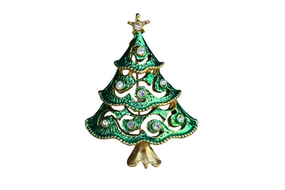 Green and Gold Christmas Tree Brooch with Silver Rhinestones