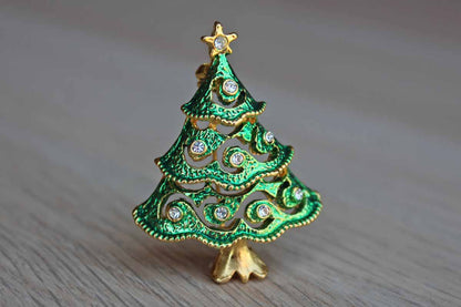 Green and Gold Christmas Tree Brooch with Silver Rhinestones