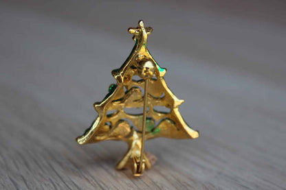Green and Gold Christmas Tree Brooch with Silver Rhinestones
