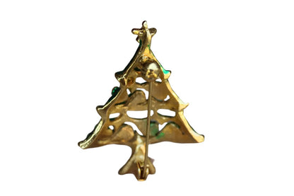 Green and Gold Christmas Tree Brooch with Silver Rhinestones