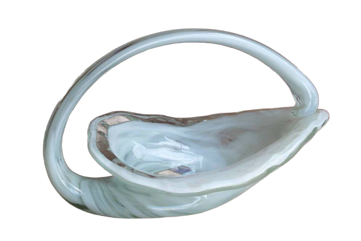 White and Clear Murano Glass Handled Cornucopia-Shaped Bowl