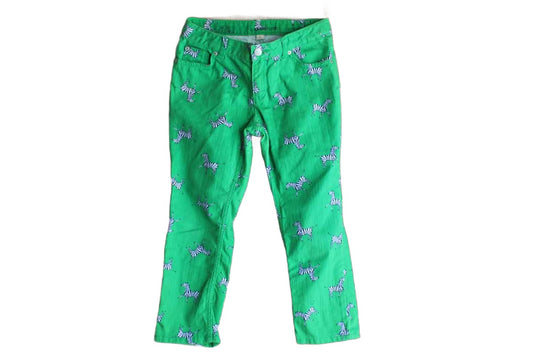Lands End (Wisconsin, USA) Green Pencil Capri Pants Decorated with Trotting Zebras, Children's Size 12