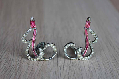 Pink and Silver Flowing Abstract Rhinestone Ear Climber Clip On Earrings