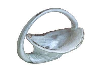 White and Clear Murano Glass Handled Cornucopia-Shaped Bowl