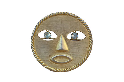 Jeanne (New York) Gold Tone Modern Sun Brooch with Dangling Silver Rhinestone Eyes