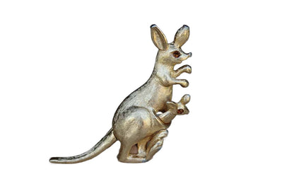 Avon Gold Tone Kangaroo Brooch with Rhinestone Eyes and Moving Tail and Baby Joey