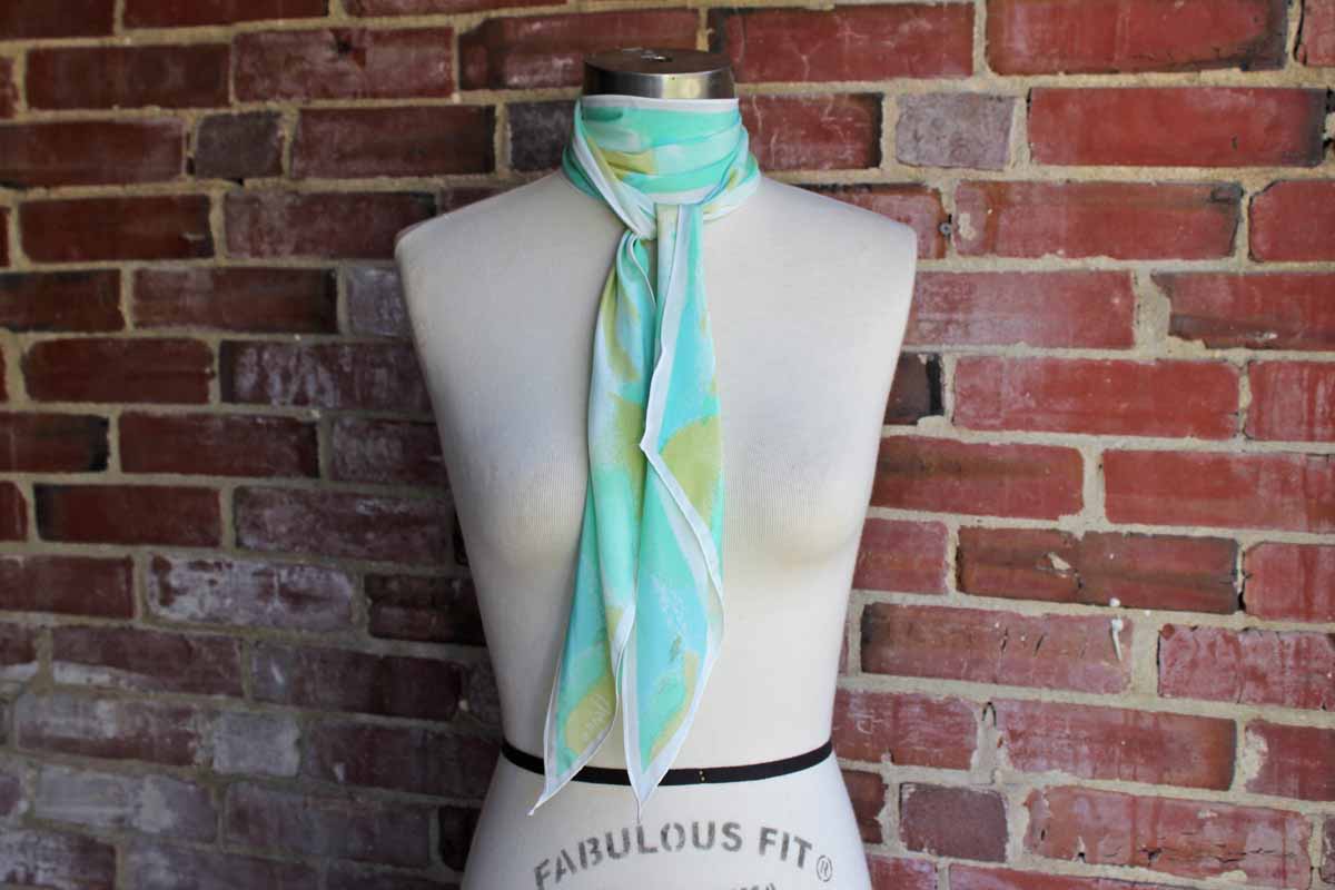 Vera (New York, USA) Long Acetate Scarf with Aqua, Green, and White Abstract Designs