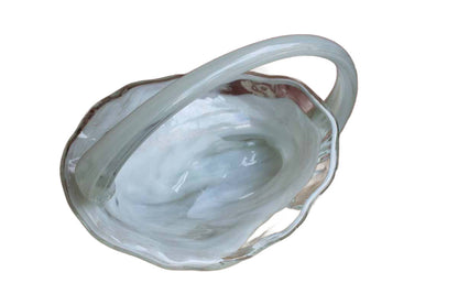 White and Clear Murano Glass Handled Cornucopia-Shaped Bowl