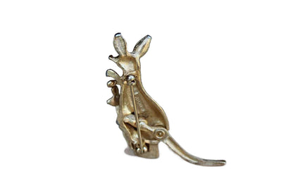 Avon Gold Tone Kangaroo Brooch with Rhinestone Eyes and Moving Tail and Baby Joey