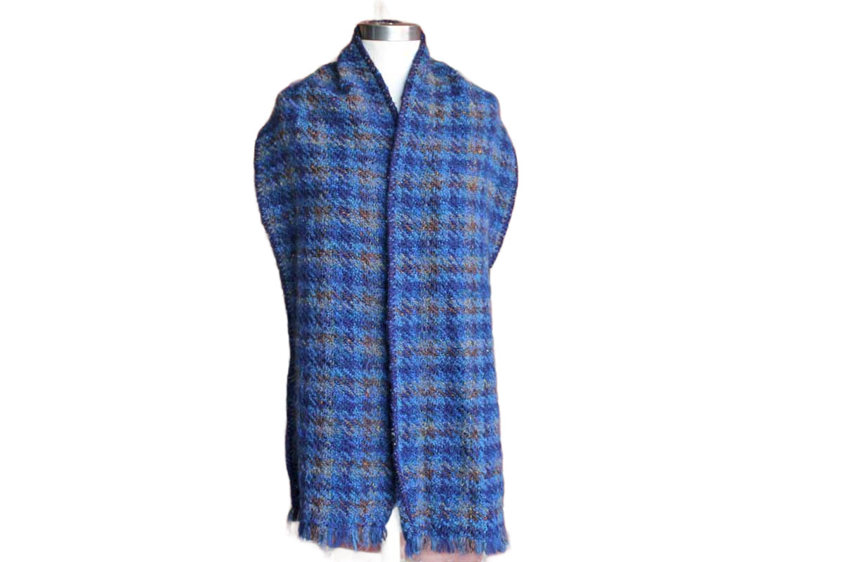 Long and Wide Blue and Tan Plaid 100% Wool Shawl