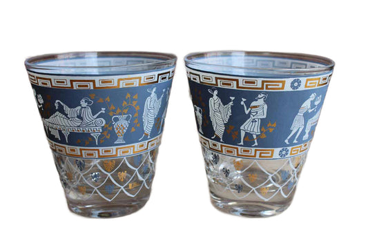 Flared Double Old Fashioned Glasses Decorated with Greek Drinking Scenes, A Pair