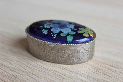 Silver Metal Hinged Pill Box with Blue Painted Floral Lid