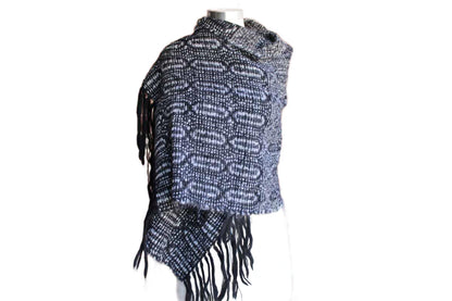 Long and Wide Black and White Wool Shawl with Narrow Oval Designs