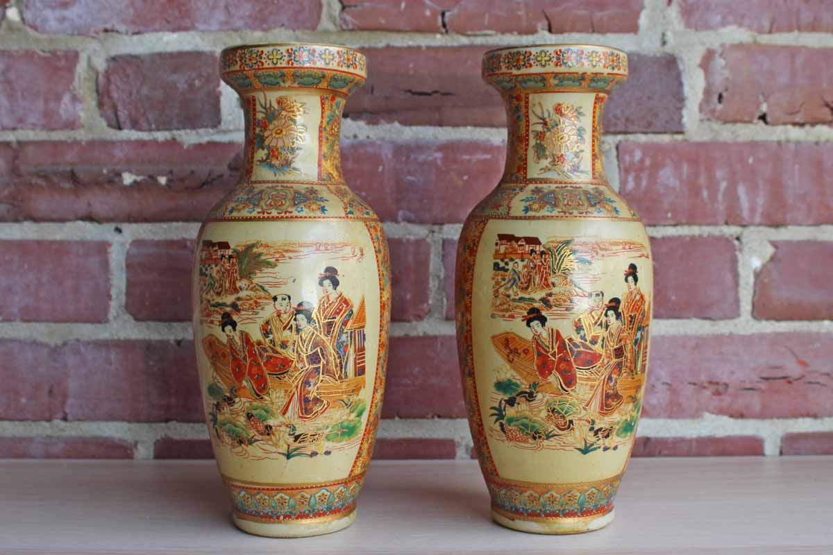 Red and Gold Decorated Vases with Geisha Scenes, A Pair