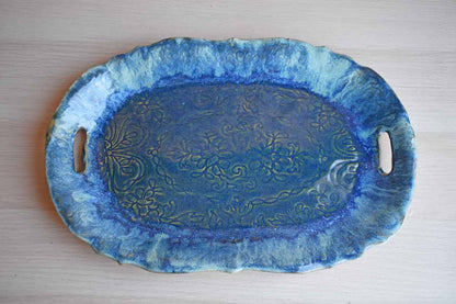 Large Oval Stoneware Tray with Embossed Flower Pattern and Blue Glaze