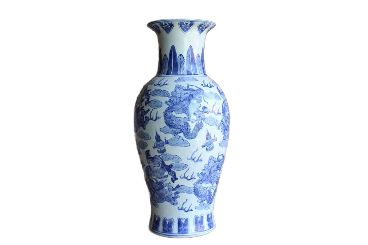 Chinese Blue and White 18 1/4" Baluster Shaped Vase with Repeating Dragons Pattern