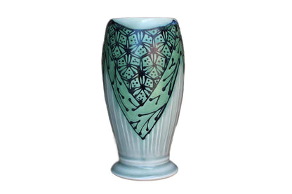 Handmade Stoneware Vase with Green Art Deco-Inspired Abstract Flower Design