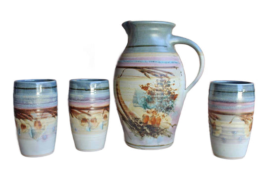 Clay Designs Handmade Stoneware Pitcher with Three Tall Cups