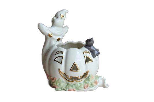 Lenox (USA) Porcelain Halloween Pumpkin Votive with Ghost and Gray Cat