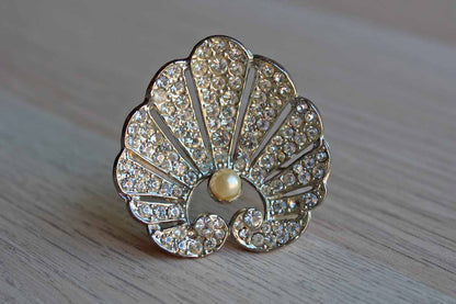 Clamshell Shaped Brooch with Pave Set Silver Rhinestones and Faux Pearl Accent