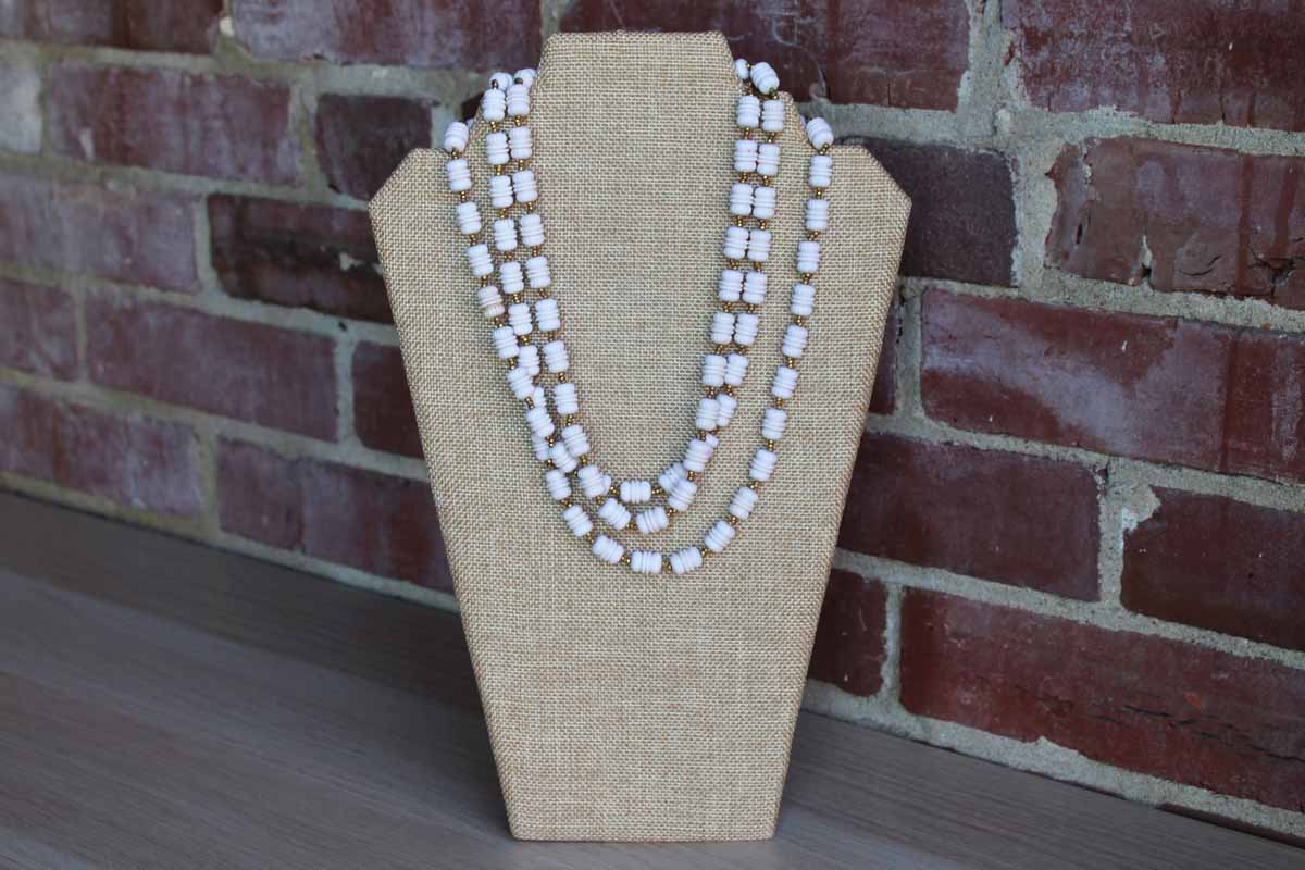 Miriam Haskell (New York, USA) White Plastic Beaded Necklace with Small Gold Bead Accents