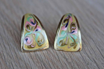 Gold Tone Colorfully Painted Enameled Pierced Earrings with Gently Curving Form