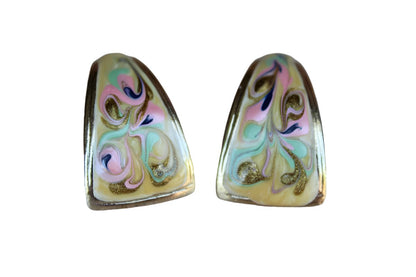 Gold Tone Colorfully Painted Enameled Pierced Earrings with Gently Curving Form
