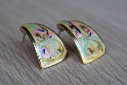 Gold Tone Colorfully Painted Enameled Pierced Earrings with Gently Curving Form