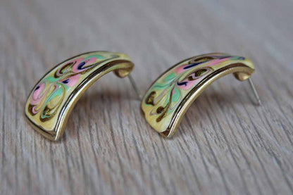 Gold Tone Colorfully Painted Enameled Pierced Earrings with Gently Curving Form